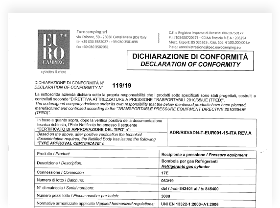 R152a Refrigerant Gas Certificate of Conformity